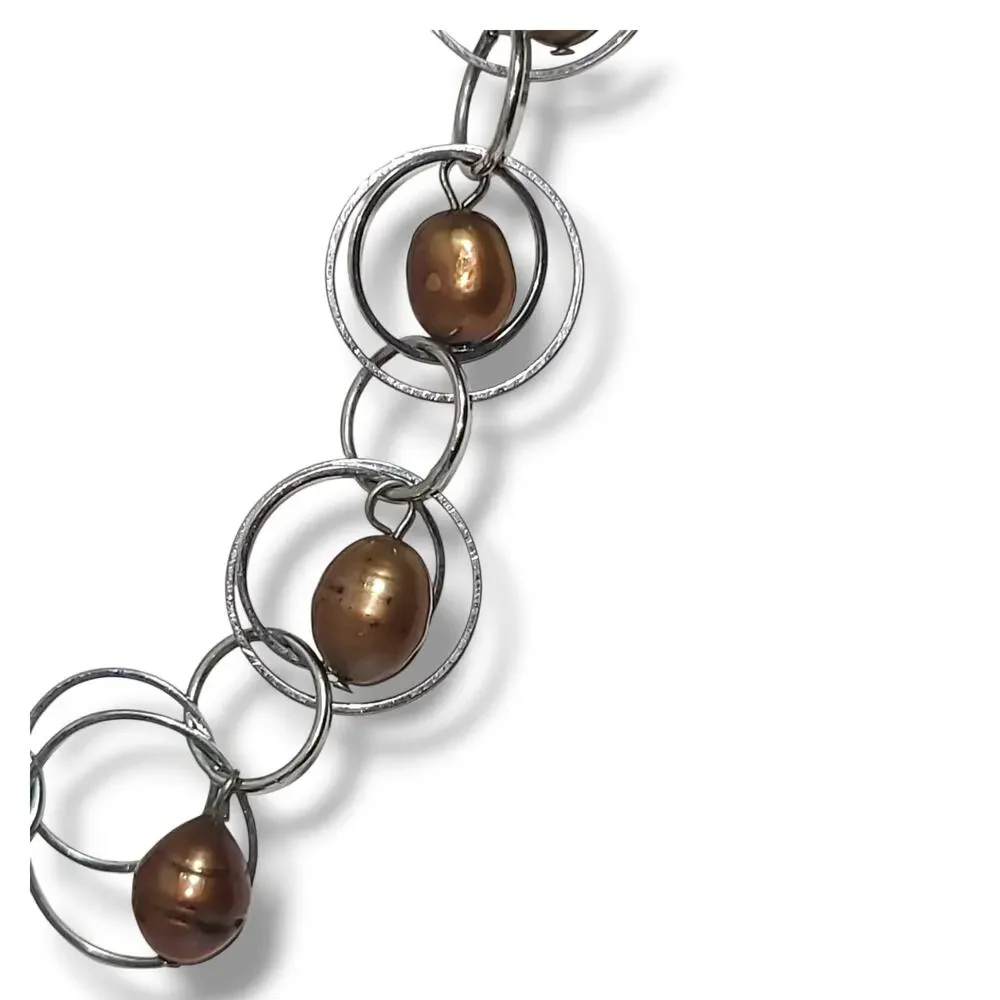Silver Tone‎ Hoop Chain Bronze Potato Freshwater Pearls Station Necklace